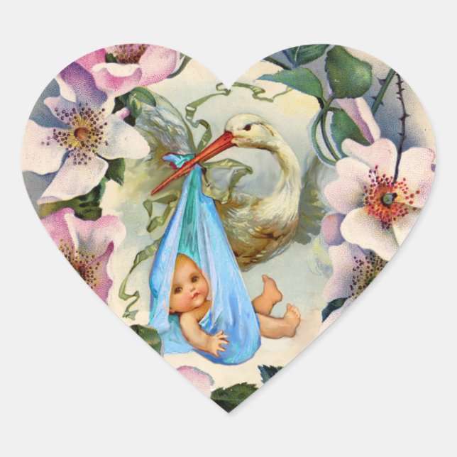 STICKER CŒUR STORK GARÇON BABY SHOWER COURONNE AVEC ROSE ROSES  (Devant)