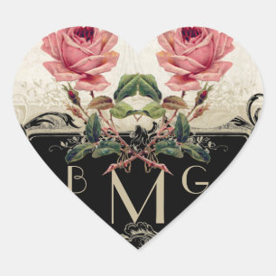 Sticker Cœur Style baroque Vintage Rose noir n crème dentelle