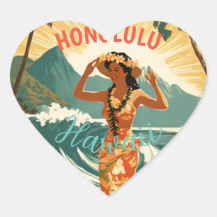 Sticker Cœur Style vintage Hawaiian Travel Honolulu Mid-Pacific