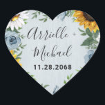 Sticker Cœur Sunflower Dusty Blue Country Rustic Roses Wedding<br><div class="desc">Design features a dusty blue/gray wood grain background with a cruath made of sunflowers,  daisies,  roses in dusty blue shades,  baby's breath over various types of botanical color greenery elements.</div>