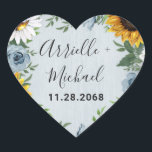 Sticker Cœur Sunflower Dusty Blue Country Rustic Roses Wedding<br><div class="desc">Design features a dusty blue/gray wood grain background with a cruath made of sunflowers,  daisies,  roses in dusty blue shades,  baby's breath over various types of botanical color greenery elements.</div>