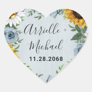 Sticker Cœur Sunflower Dusty Blue Country Rustic Roses Wedding