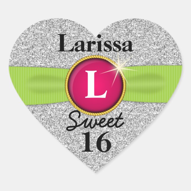 Sticker Cœur Sweet 16 Faux Ribbon Bijou Parties scintillant arg (Devant)
