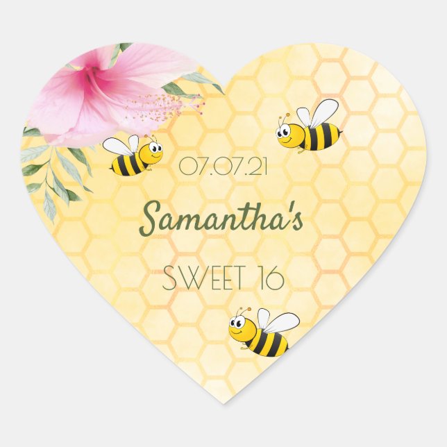 Sticker Cœur Sweet 16 fête Bee Happy bumble abeilles nid d'abei (Devant)