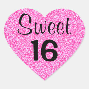 Sticker Cœur Sweet 16 Seize Noir & Paillettes Rose Chaud Brille