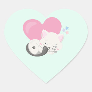 Sticker Cœur Sweet Kitty Chat Dormir avec un grand coeur en arr