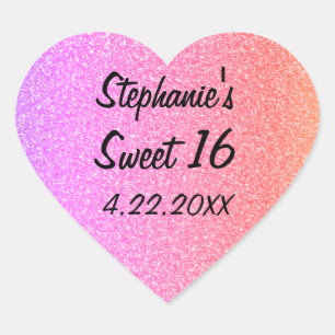 Sticker Cœur Sweet sixteen 16ème Glittery rose fête d'anniversa