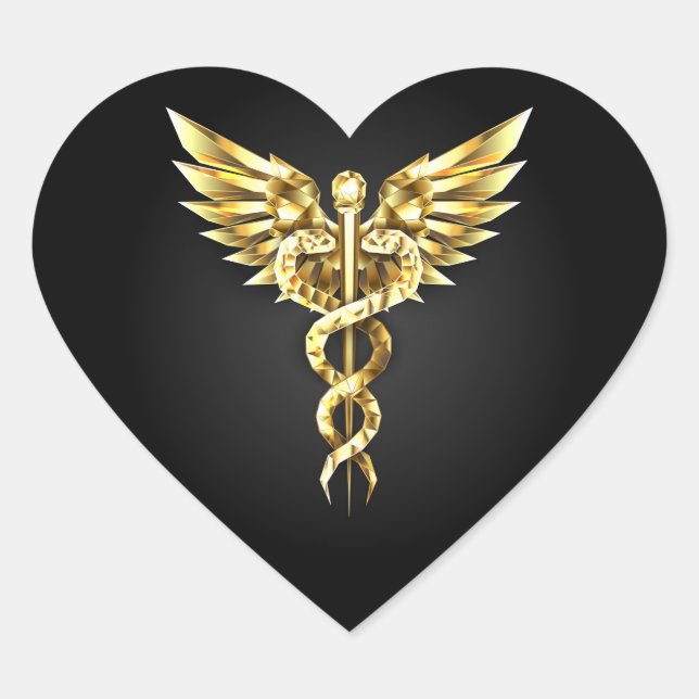Sticker Cœur Symbole Polygonal Or Caduceus (Devant)