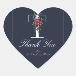 Sticker Cœur T Monogramme Initiale Moderne Fleurs Bleues Mariag