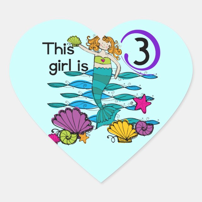 Sticker Cœur T-shirts et cadeaux Mermaid 3e anniversaire (Devant)