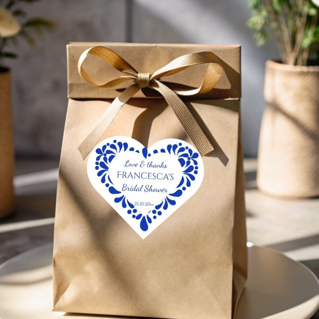 Sticker Cœur talavera mexicaine couleur bleu douche de faveur (Mexican blue talavera bridal shower favor sticker heart shaped stickers personalized favor stickers)