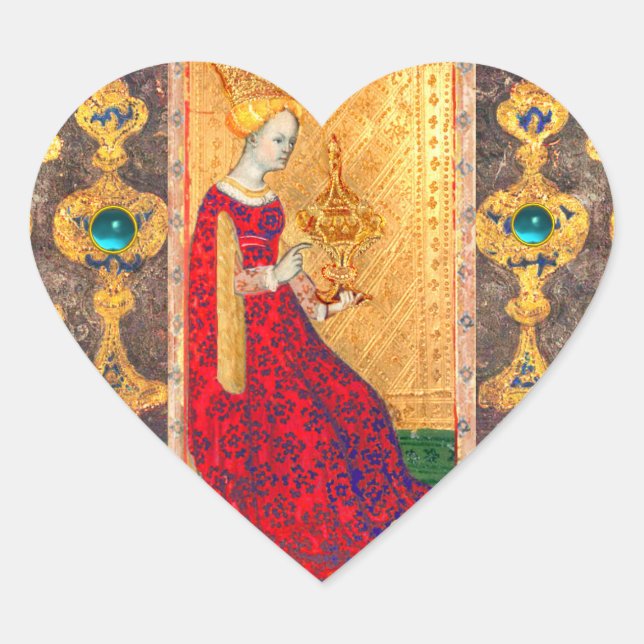 STICKER CŒUR TAROTES DE RENAISSANCE ANTIQUE / REINE DES TASSE (Devant)