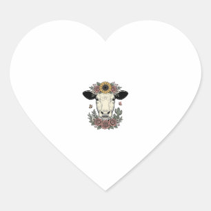 Sticker Cœur Tête de vache florale dessin vintage gravure Desig