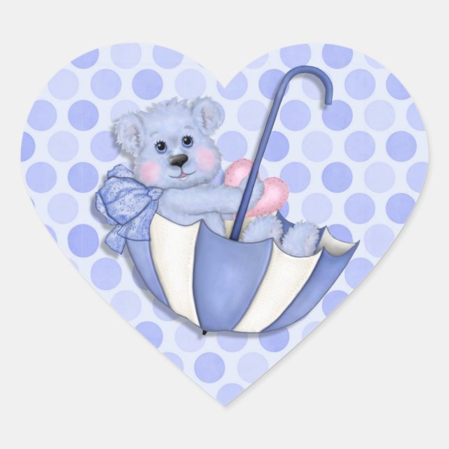 Sticker Cœur Thème bébé Parapluie Ours Pois roses (Devant)