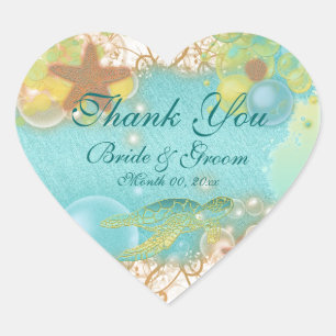 Sticker Cœur Thème de plage "merci" anniversaire mariage