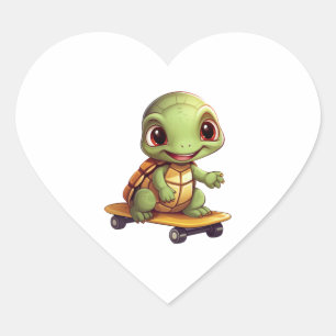 Sticker Cœur Tortue à skateboard, Design animal sportif