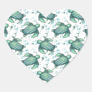 Sticker Cœur tortue de mer aquarelle verte motif bleu animal