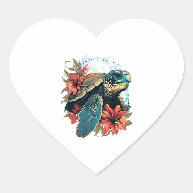 Sticker Cœur Tortue de mer hawaïenne Hibiscus Fleur (Devant)