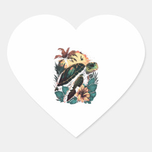 Sticker Cœur Tortue Tortues de mer hawaïennes Fleur d'hibiscus