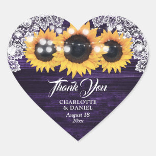 Sticker Cœur Tournesol Mariage Remerciement Bois Violet Dentell