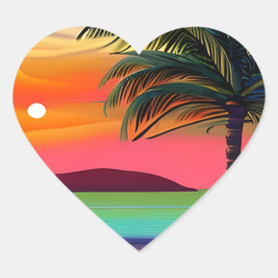 Sticker Cœur Tropical Palm Tres et Sunset Thème