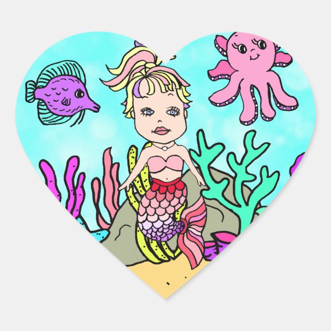 Sticker Cœur Tropical Under the Sea Pink Mermaid (Devant)