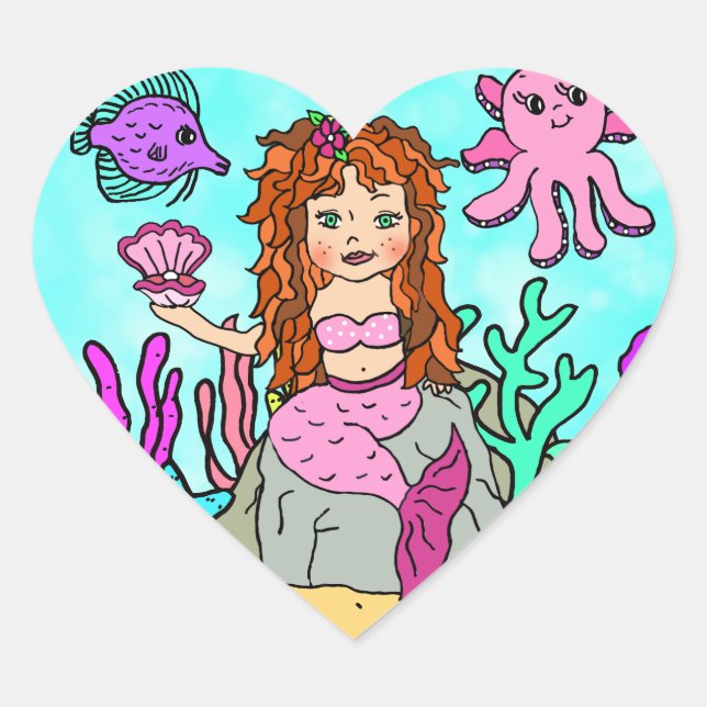 Sticker Cœur Tropical Under the Sea Red Haired Mermaid (Devant)