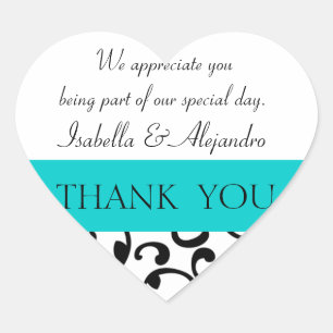 Sticker Cœur Turquoise, Noir Mariage Faveur Merci Message