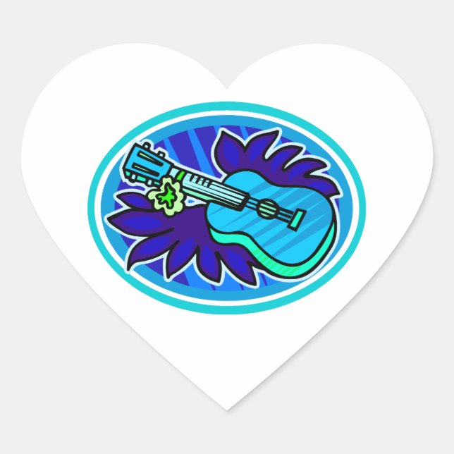 Sticker Cœur Ukulele avec feuilles et fleurs cercle, bleu (Devant)