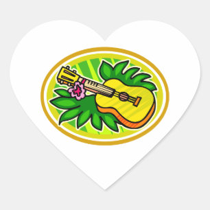 Sticker Cœur Ukulélé avec le feuille et le cercle de fleur,