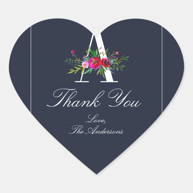 Sticker Cœur Un Monogramme Dernier initial bleu Floral Mariage  (Devant)