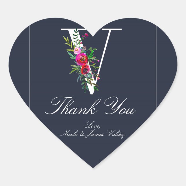 Sticker Cœur V Monogramme Dernière Initiale Moderne Fleurs Bleu (Devant)