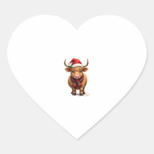 Sticker Cœur Vache des Highlands de Noël vintage avec chapeau d