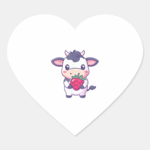 Sticker Cœur Vache Kawaii Cute Avec Des Fraises Béton Adorable