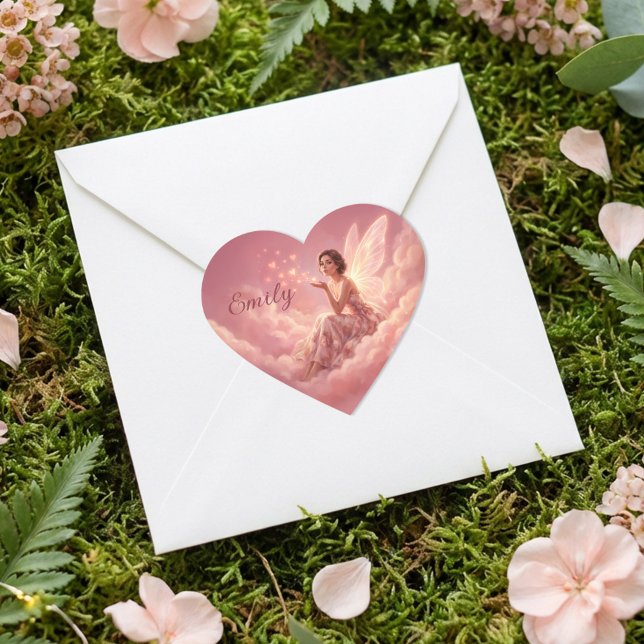 Sticker Cœur Valentine Fairy on Pink Clouds Fantasy Art Name (Créateur téléchargé)