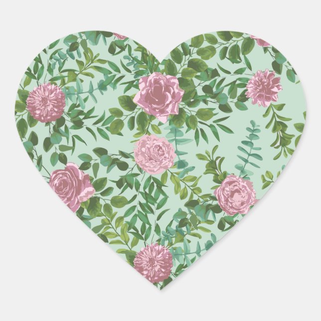 Sticker Cœur Vert et rose Mariage Pastel Lumière Florale (Devant)