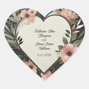 Sticker Cœur Vert foncé luxuriant et rose pâle Mariage floral
