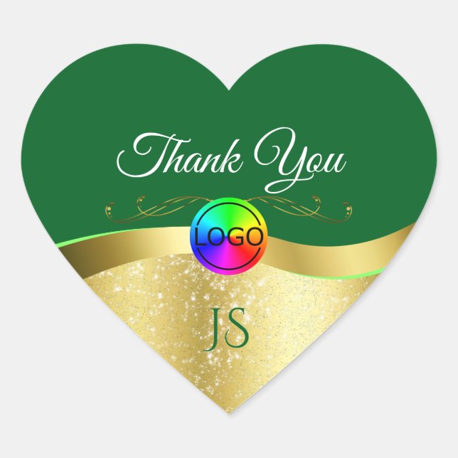 Sticker Cœur Vert foncé Wavy Gold avec logo Monogramme Merci (Devant)