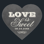 Sticker Cœur Vintage Black Chalkboard Love is Sweet Mariage<br><div class="desc">Les autocollants fantaisistes en forme de coeur "L'amour est doux" avec un monogramme des noms de mariée et de mariée et la date du mariage et avec une apparence molle de craie blanche sur un arrière - plan de tableau noir rustique avec un look texturé.</div>