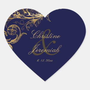 Sticker Cœur Vintage Blue Gold Floral Damask Script Mariage