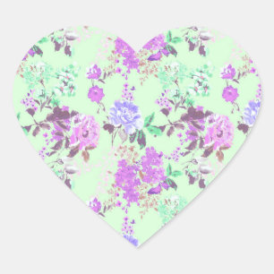 Sticker Cœur Vintage Chintz Floral Motif Mint vert pourpre