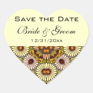 Sticker Cœur Vintage Enregistrer la Date Jardin Fleurs Papillon