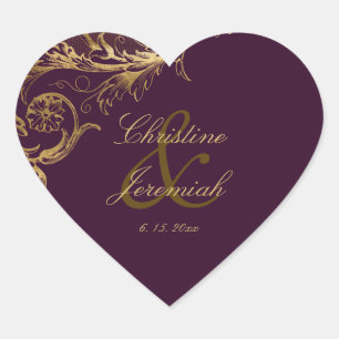 Sticker Cœur Vintage pourpre. Mariage de script Gold Floral Dam