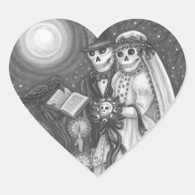 STICKER CŒUR VOEUX DE CEMETIÈRE, MARIAGE DE SQUELETTE, MARI ET  (Devant)