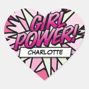 Sticker Cœur Votre nom GIRL POWER Fun Retro Comic Book Pop Art
