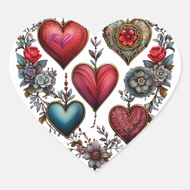Sticker Cœur Whimsical Vintage Heart, Retro Valentine Heart, (Devant)