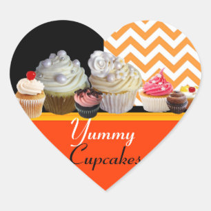 STICKER CŒUR YUMMMY ANNIVERSAIRE CUPCAKES, ORANGE CHEVRON BLANC