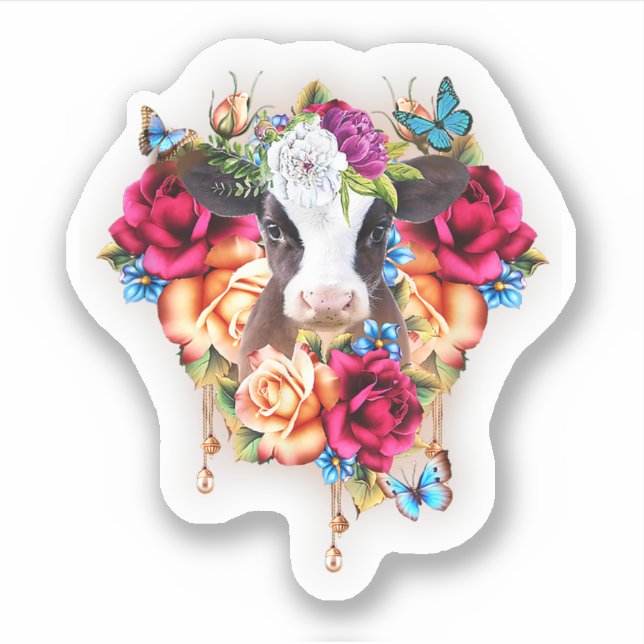 Sticker Coeurs Amusants Laitier Vache Fleur mignonne Anima (Devant)