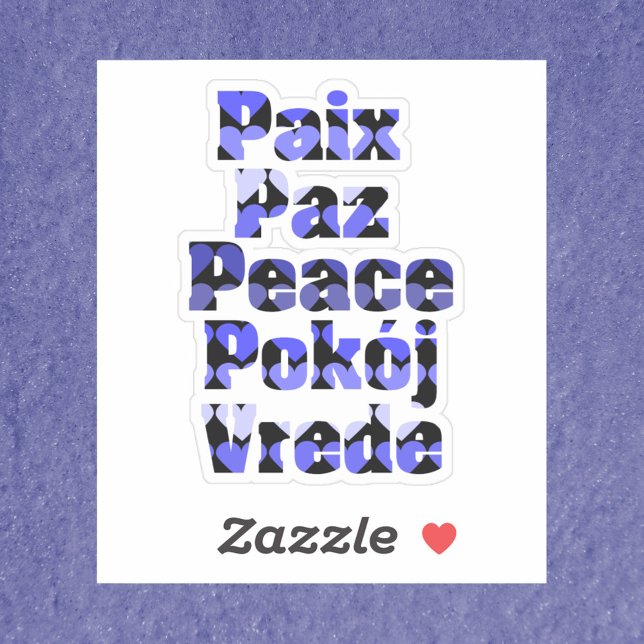 Sticker Cœurs bleus de la paix en plusieurs langues (A sticker that says peace in French, Spanish, English, Polish and Swedish with blue hearts.)