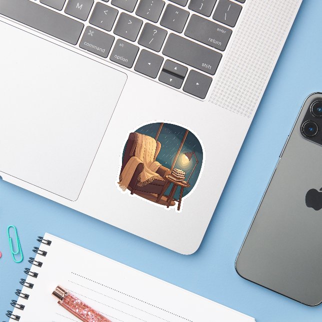 Sticker Coin Lecture Cosy par Nuit Pluvieuse (Ordinateur portable avec iPhone)